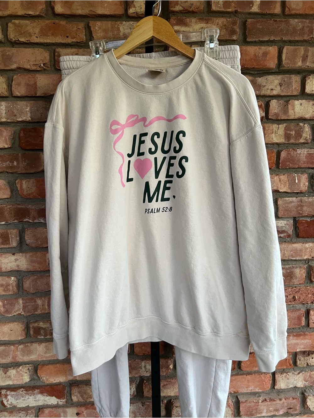 Comfort Colors Cream Sweatshirt & pants w Pink Heart Jesus Loves Me Graphic